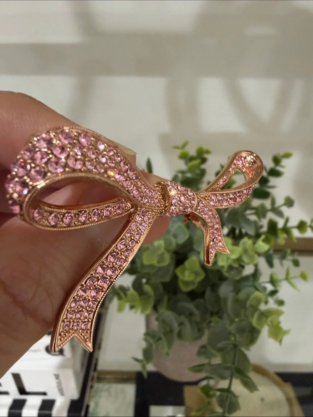 Pink Rhinestone Bow Brooch